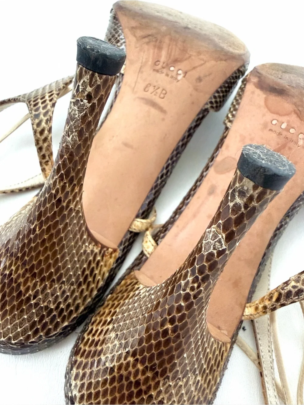 GUCCI | Vintage Snakeskin Bow Ankle Tie Stiletto Sandal Heels Brown Size 8.5B